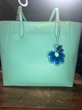 kate spade mint green leather tote with blue floral charm